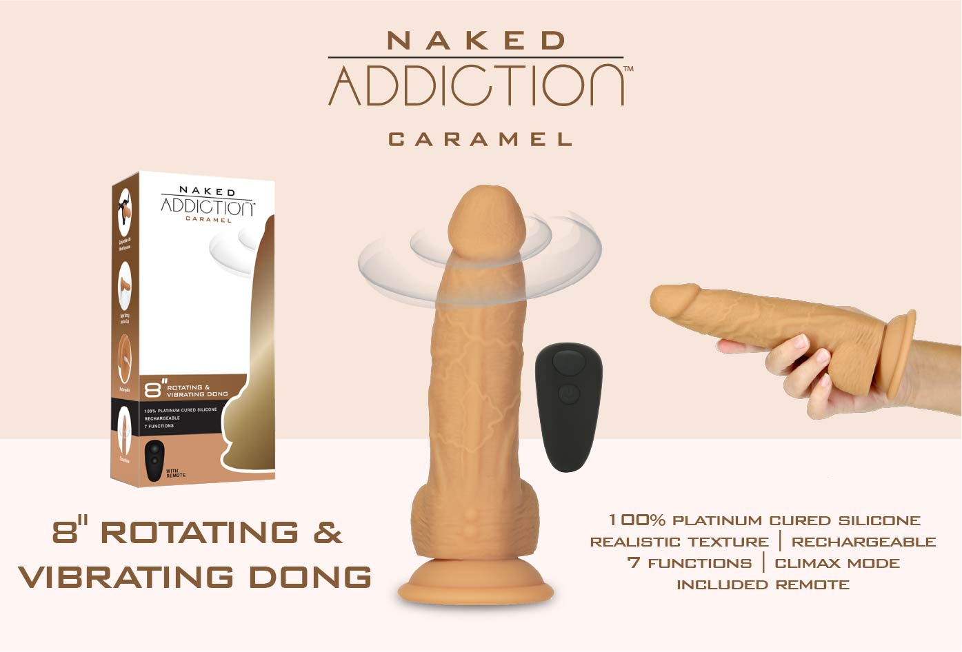 Naked Addiction - 8" Rotating & Vibrating Dildo with Remote – Caramel